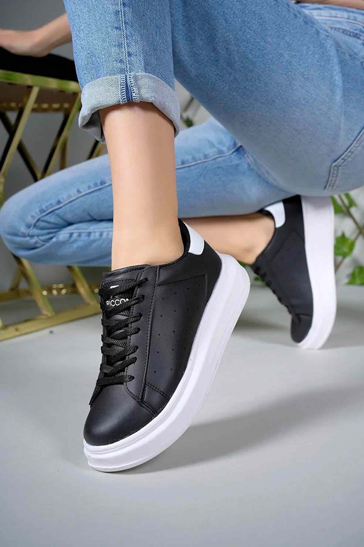 Kadın Siyah-Beyaz Kalın Yüksek Taban Hafif Günlük Yürüyüş Spor Ayakkabısı ve Sneaker
