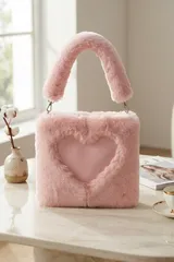 Pembe Peluş Kalp Desenli Kare Kadın El Çantası 2