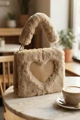 Kahverengi Peluş Kalp Desenli Kare Kadın El Çantası 5