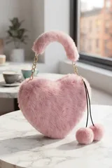 Açık Pembe Peluş Kalp Şeklinde Zincir Detaylı Ponponlu Kadın El Çantası 6