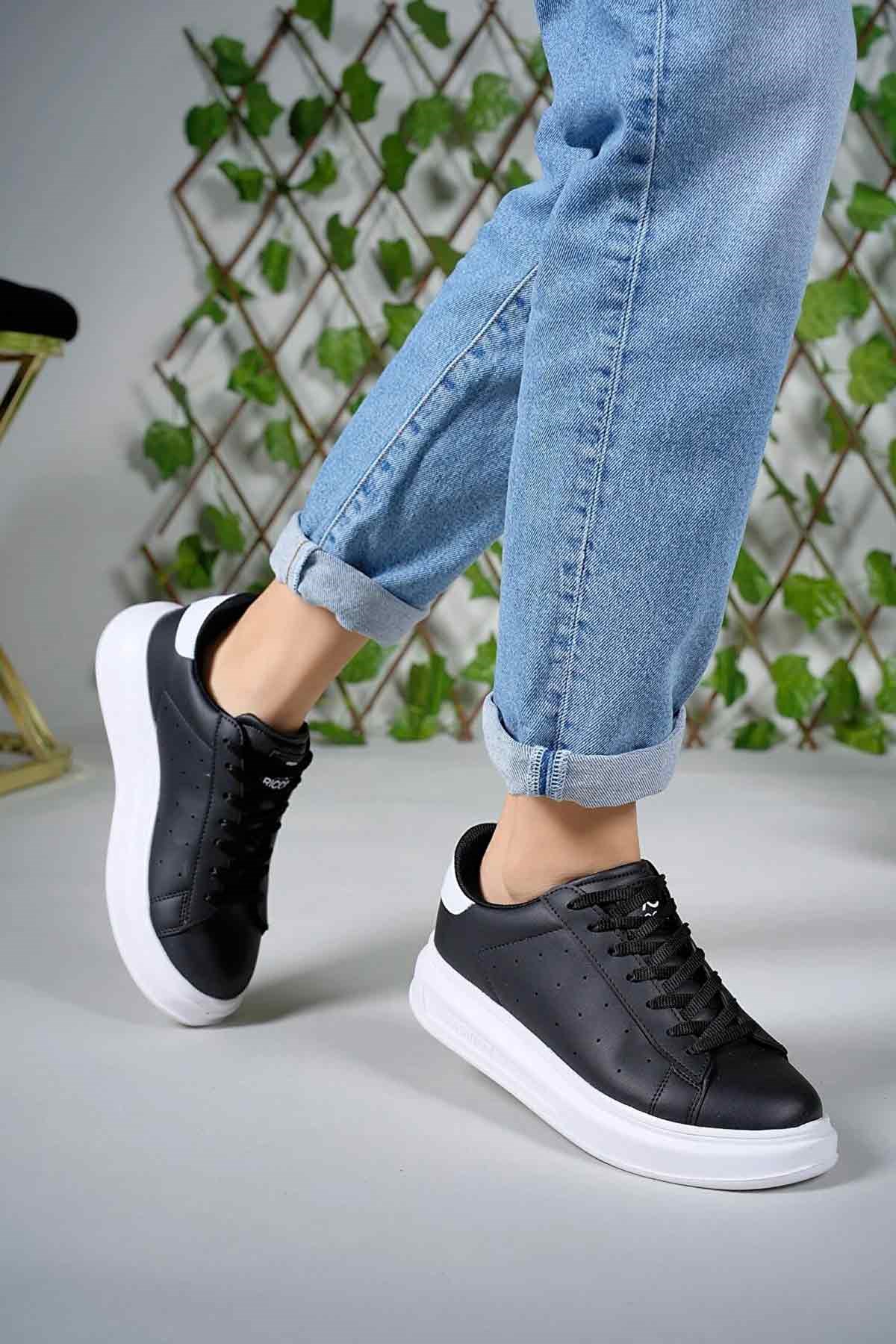 Kadın Siyah-Beyaz Kalın Yüksek Taban Hafif Günlük Yürüyüş Spor Ayakkabısı ve Sneaker 2