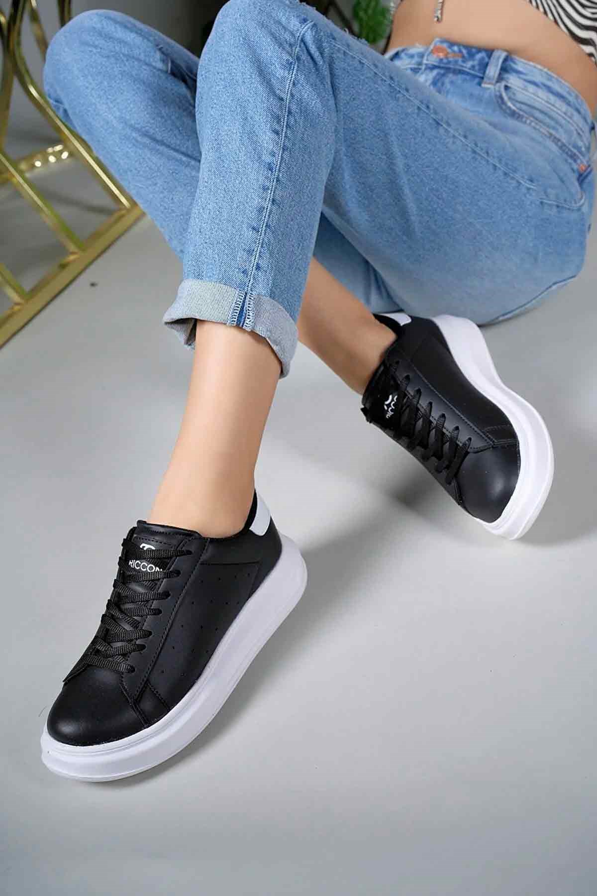 Kadın Siyah-Beyaz Kalın Yüksek Taban Hafif Günlük Yürüyüş Spor Ayakkabısı ve Sneaker 3
