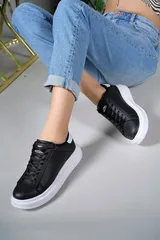 Kadın Siyah-Beyaz Kalın Yüksek Taban Hafif Günlük Yürüyüş Spor Ayakkabısı ve Sneaker 3