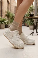 Bej Beyaz Yüksek Tabanlı Konforlu İthal Günlük Kadın Sneaker Spor Ayakkabı 4