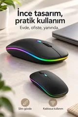 Siyah Şarjlı Kablosuz Sessiz Click Mouse Rgb LED Işıklı Ultra Slim 2.4ghz 800/1200/1600DPI 7