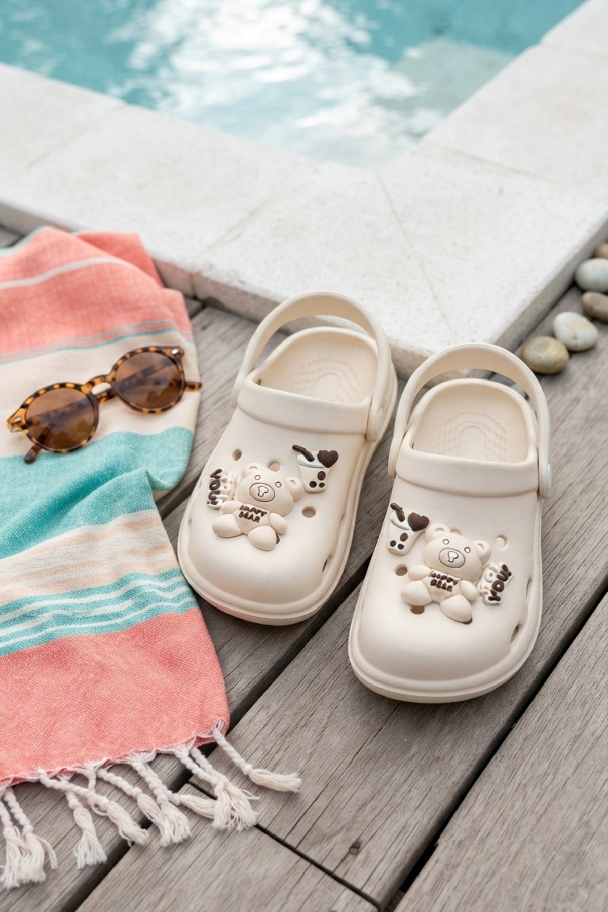 Ekru Ayıcıklı Kreş Sahil Plaj Havuz Terliği Unisex Çocuk Terlik & Sandalet 3