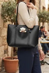 Siyah Peluş Ayıcıklı Günlük El ve Omuz Askılı Kadın Çanta 6