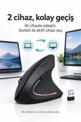 Sessiz Click Ergonomik Dikey Kablosuz Mouse Bluetooth 2.4GHz USB Çift Cihaz Geçiş 800/1200/1600 DPI 4