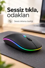Siyah Şarjlı Kablosuz Sessiz Click Mouse Rgb LED Işıklı Ultra Slim 2.4ghz 800/1200/1600DPI 6