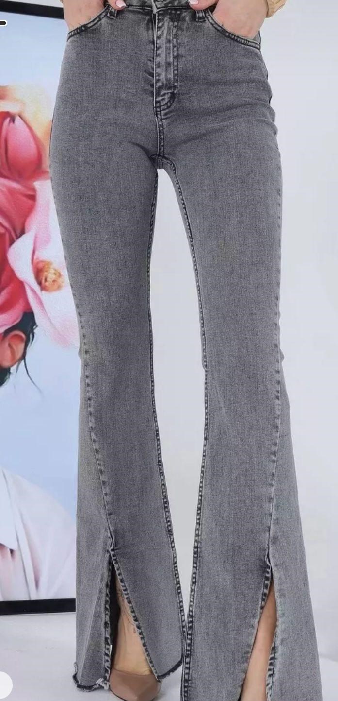 Gri Yüksek Bel Yırtmaçlı Kadın İspanyol Paça Jean Pantolon 3