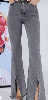 Gri Yüksek Bel Yırtmaçlı Kadın İspanyol Paça Jean Pantolon 3