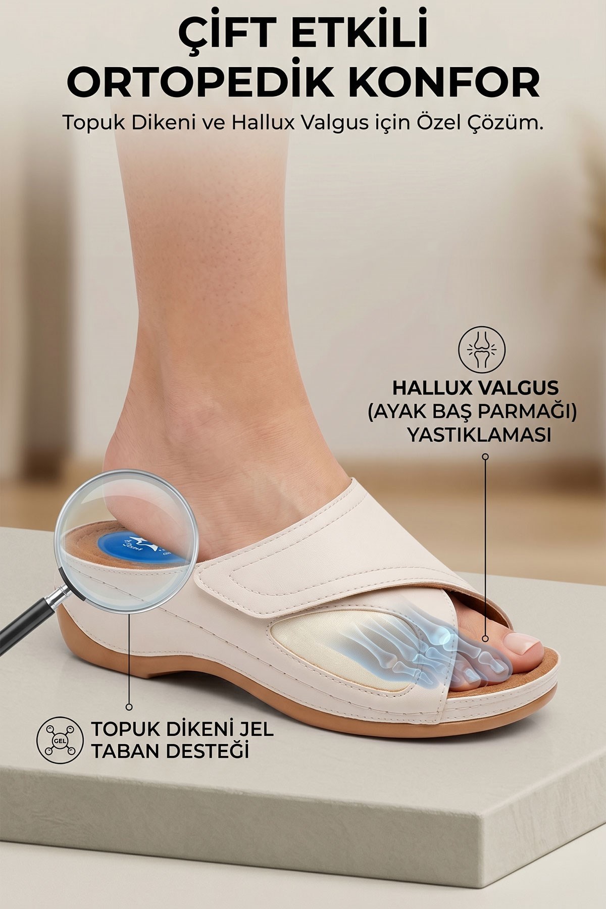 Bej Topuk Dikeni Destekli Jel Tabanlı Hallux Valgus Uyumlu Günlük Rahat Kadın Terlik 2