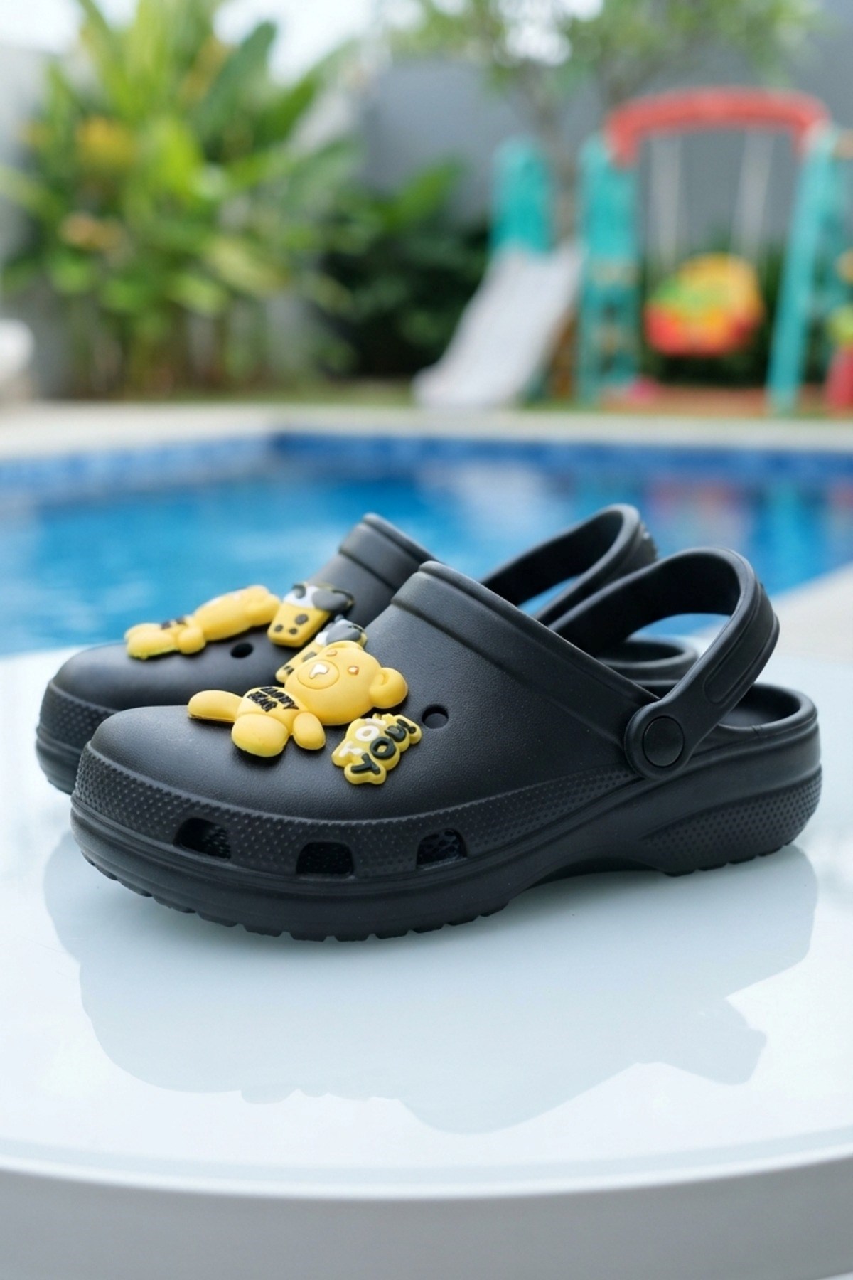 Siyah Sarı Ayıcıklı Kreş Sahil Plaj Havuz Terliği Unisex Çocuk Terlik & Sandalet 6