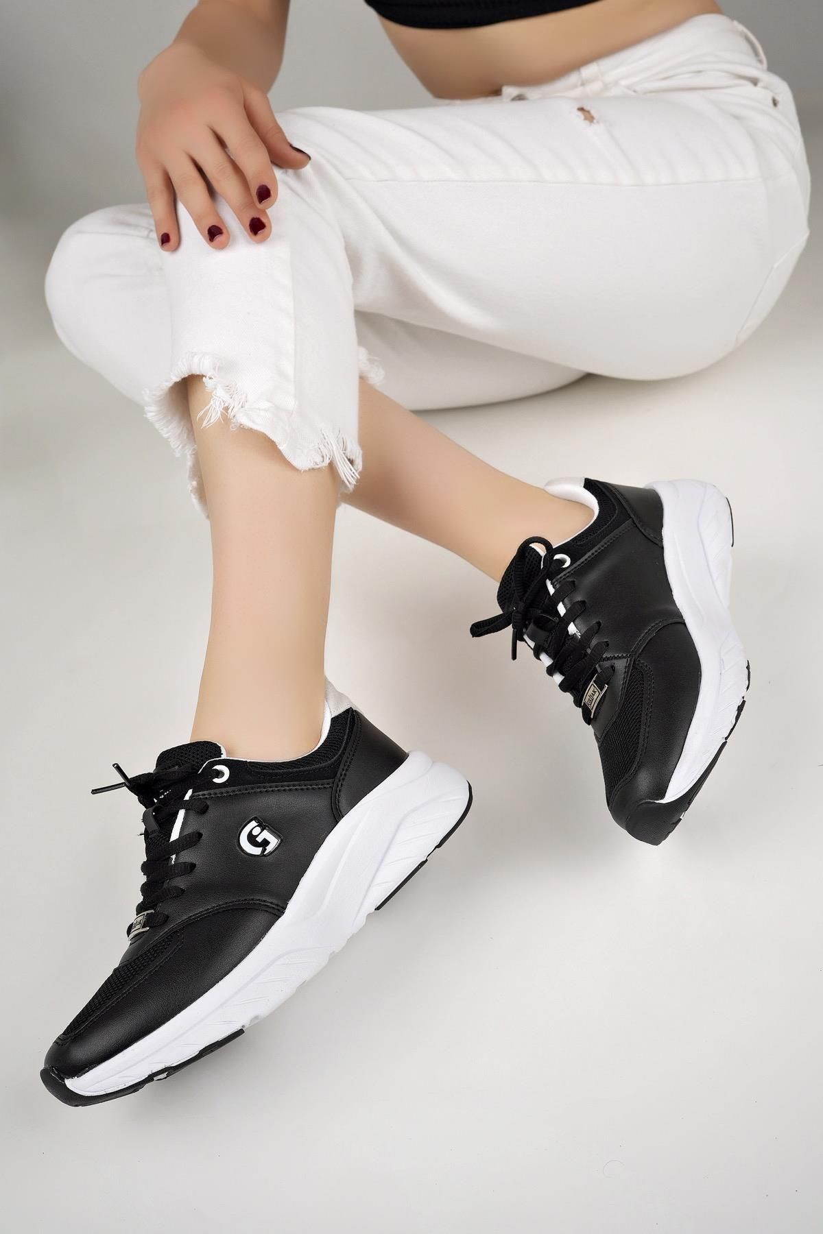 Siyah/Beyaz Ortopedik Konforlu Kadın Spor Ayakkabı Günlük Sneaker 2