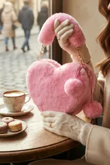 Pembe Peluş Kalp Şeklinde Zincir Detaylı Ponponlu Kadın El Çantası 3