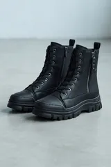 Kadın Siyah Bağcıklı Yan Fermuarlı Kalın Taban Günlük Postal Bot 4