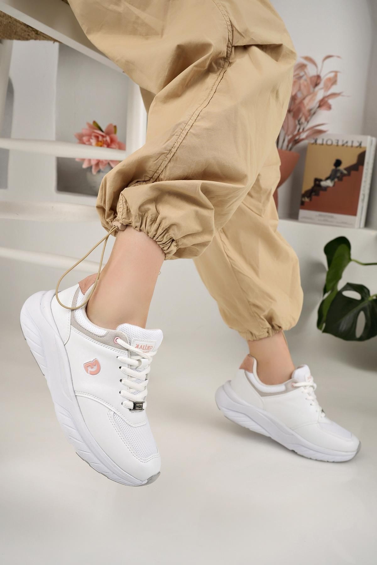 Bej Pudra Ortopedik Konforlu Kadın Spor Ayakkabı Günlük Sneaker 2