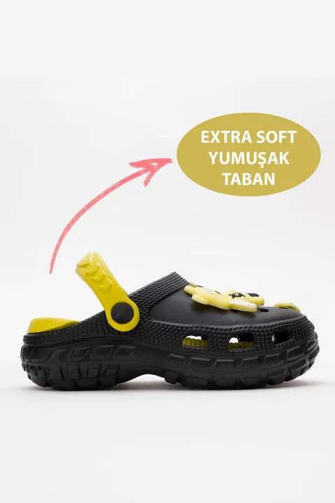 Siyah Sarı Ayıcıklı Unisex Çocuk Terlik&Sandalet