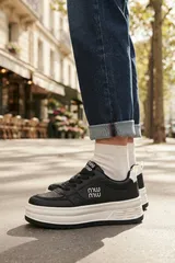 Siyah Beyaz Yüksek Tabanlı Konforlu İthal Günlük Kadın Sneaker Spor Ayakkabı 4