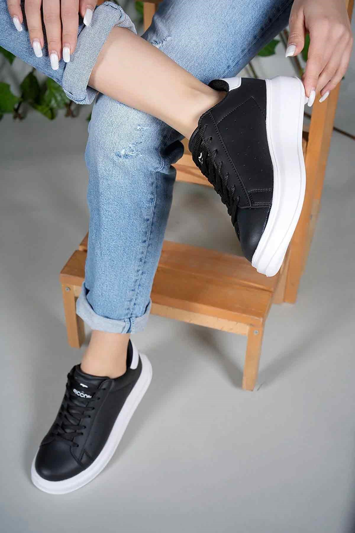 Kadın Siyah-Beyaz Kalın Yüksek Taban Hafif Günlük Yürüyüş Spor Ayakkabısı ve Sneaker 5