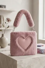 Peluş Kalp Desenli Kare Kadın El Çantası 3
