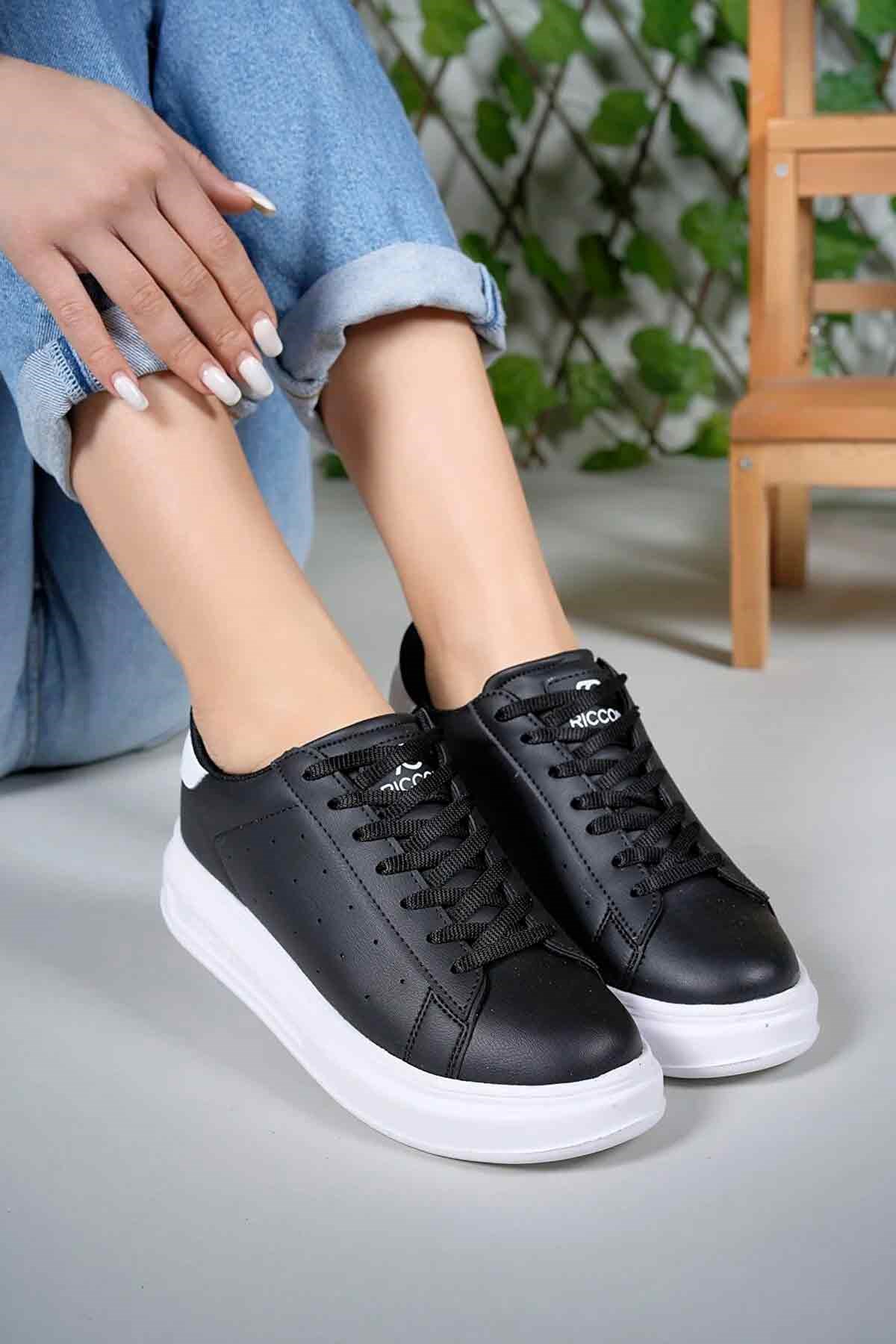 Kadın Siyah-Beyaz Kalın Yüksek Taban Hafif Günlük Yürüyüş Spor Ayakkabısı ve Sneaker 4