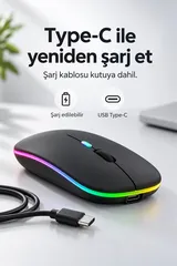 Siyah Şarjlı Kablosuz Sessiz Click Mouse Rgb LED Işıklı Ultra Slim 2.4ghz 800/1200/1600DPI 4