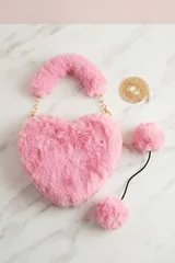 Pembe Peluş Kalp Şeklinde Zincir Detaylı Ponponlu Kadın El Çantası 2
