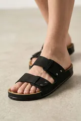 Comfort Pimli Çift Bantlı Siyah Erkek Terlik Günlük Sahil Plaj Terliği