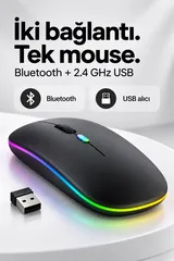 Siyah Şarjlı Kablosuz Sessiz Click Mouse Rgb LED Işıklı Ultra Slim 2.4ghz 800/1200/1600DPI 2