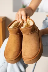 Taba İçi Kürklü Kalın Taban Bilekte Kısa Soğuğa Dayanıklı Süet Kadın Bot & Bootie 7