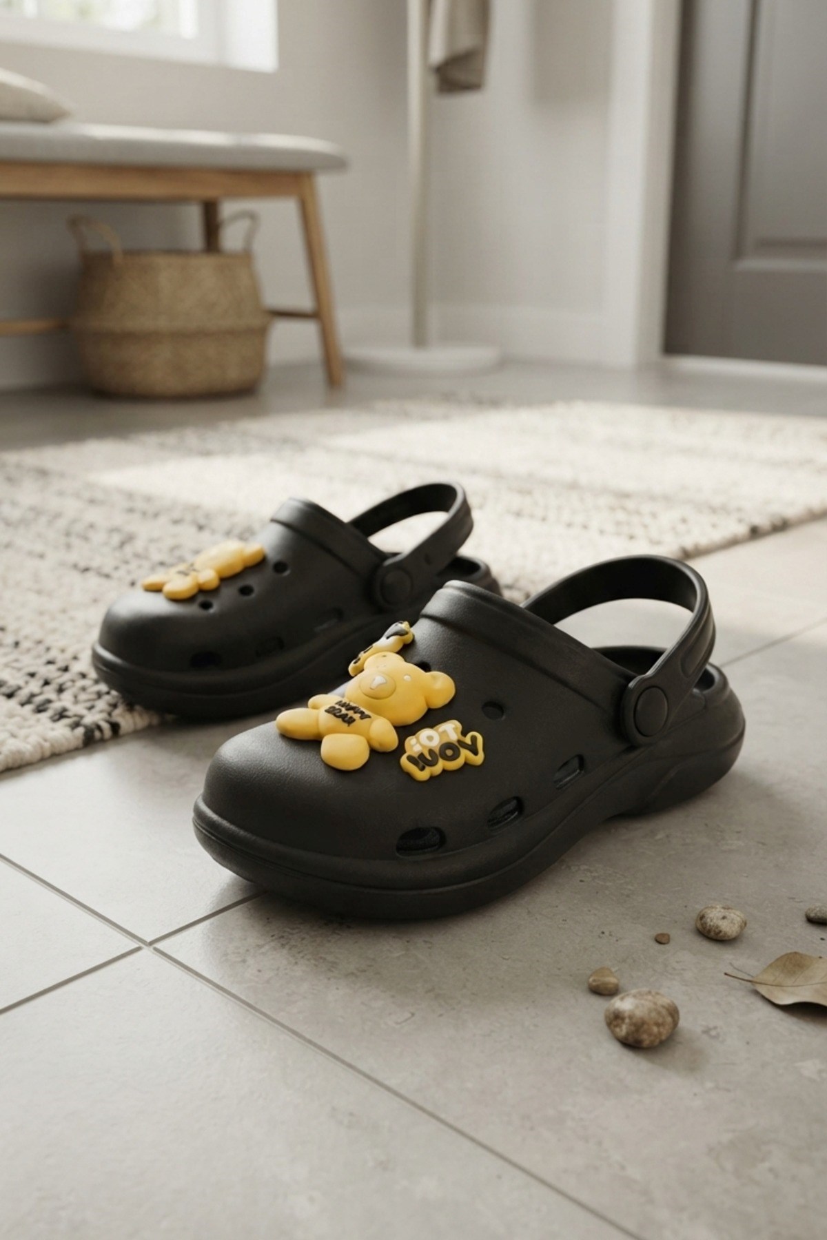 Siyah Sarı Ayıcıklı Kreş Sahil Plaj Havuz Terliği Unisex Çocuk Terlik & Sandalet 9
