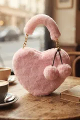 Açık Pembe Peluş Kalp Şeklinde Zincir Detaylı Ponponlu Kadın El Çantası 2