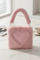 Pembe Peluş Kalp Desenli Kare Kadın El Çantası 3