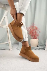 Taba İçi Kürklü Kalın Taban Bilekte Kısa Soğuğa Dayanıklı Süet Kadın Bot & Bootie 6