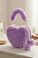 Mor Peluş Kalp Şeklinde Zincir Detaylı Ponponlu Kadın El Çantası 3
