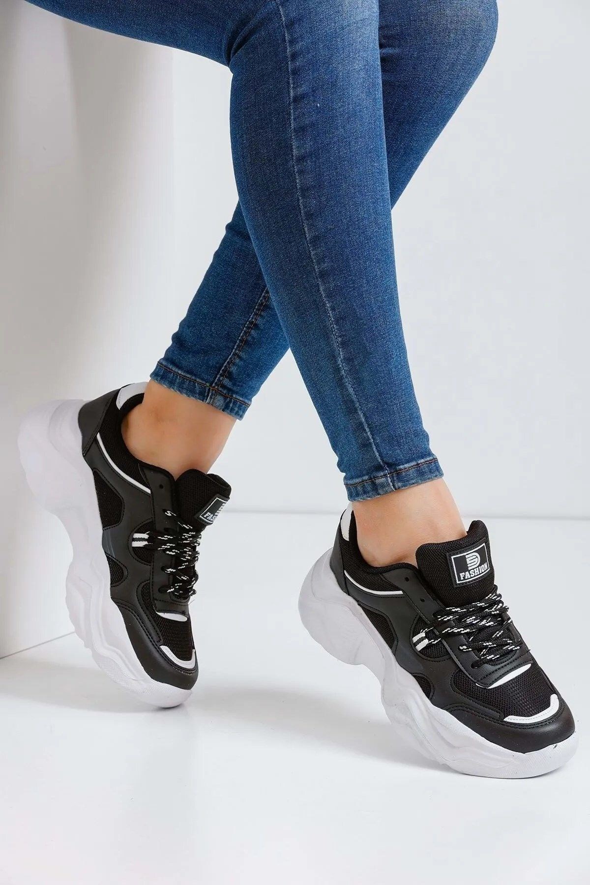 Siyah Rahat Kalın Taban Kadın Sneaker Spor Ayakkabı 2