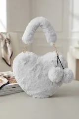 Buz Peluş Kalp Şeklinde Zincir Detaylı Ponponlu Kadın El Çantası 4