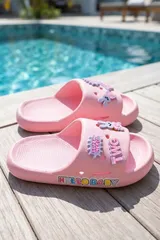 Pembe Emojili Günlük Sahil Plaj Havuz Kız Çocuk Terlik