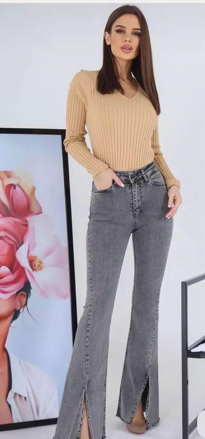 Gri Yüksek Bel Yırtmaçlı Kadın İspanyol Paça Jean Pantolon