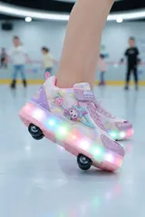 Pembe Somon Işıklı Tekerlekli Kız Çocuk Patenli Spor Ayakkabı 3