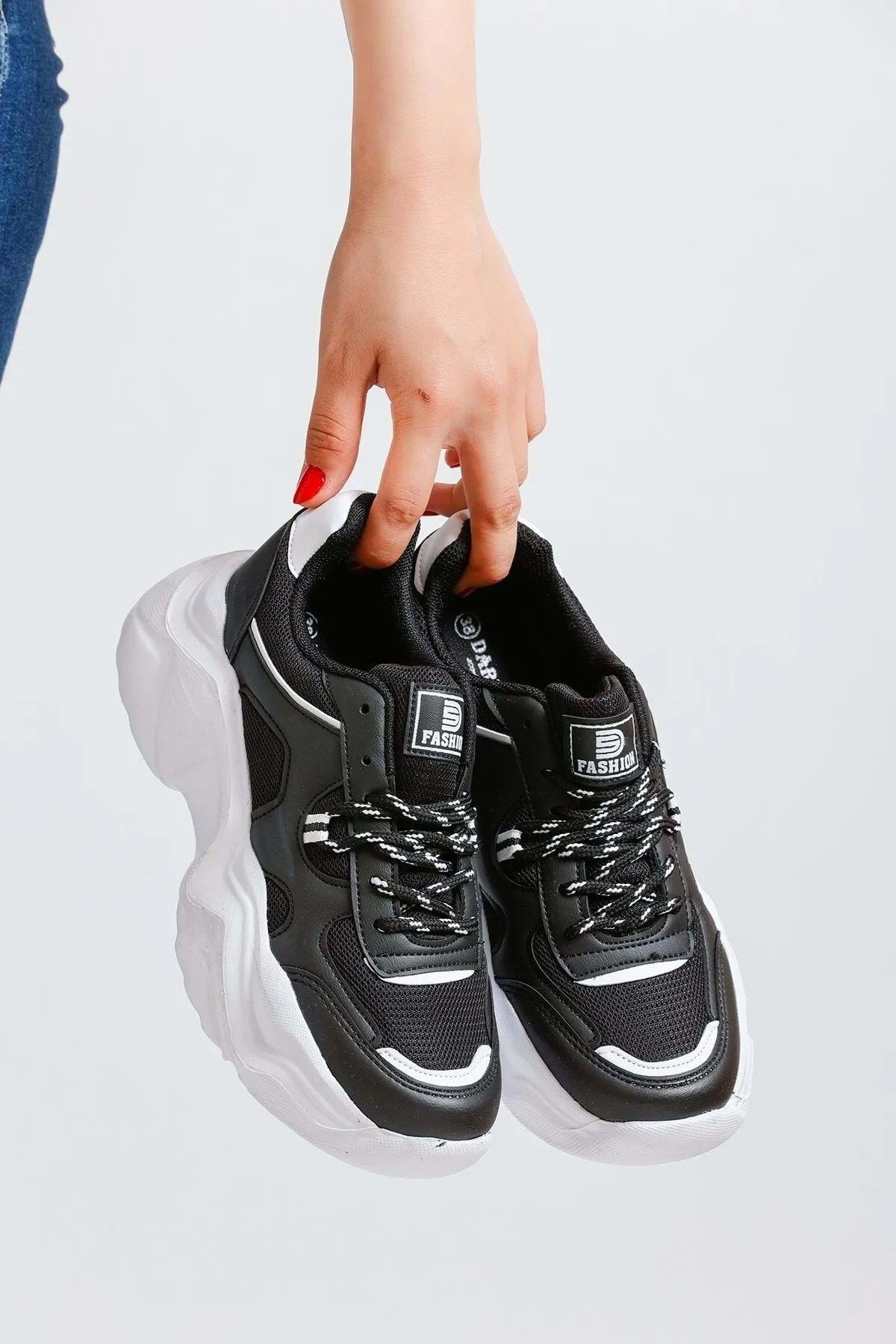 Siyah Rahat Kalın Taban Kadın Sneaker Spor Ayakkabı 4