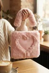 Pembe Peluş Kalp Desenli Kare Kadın El Çantası 6