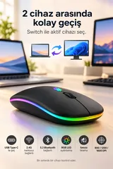 Siyah Şarjlı Kablosuz Sessiz Click Mouse Rgb LED Işıklı Ultra Slim 2.4ghz 800/1200/1600DPI 3