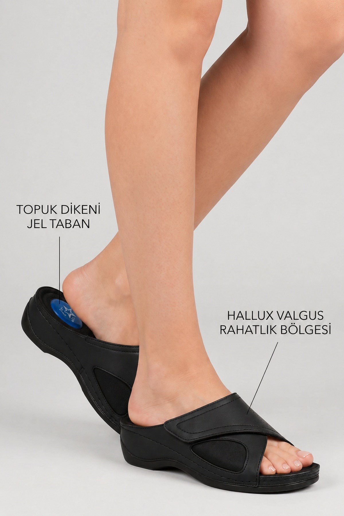 Siyah Topuk Dikeni Destekli Jel Tabanlı Hallux Valgus Uyumlu Günlük Rahat Kadın Terlik
