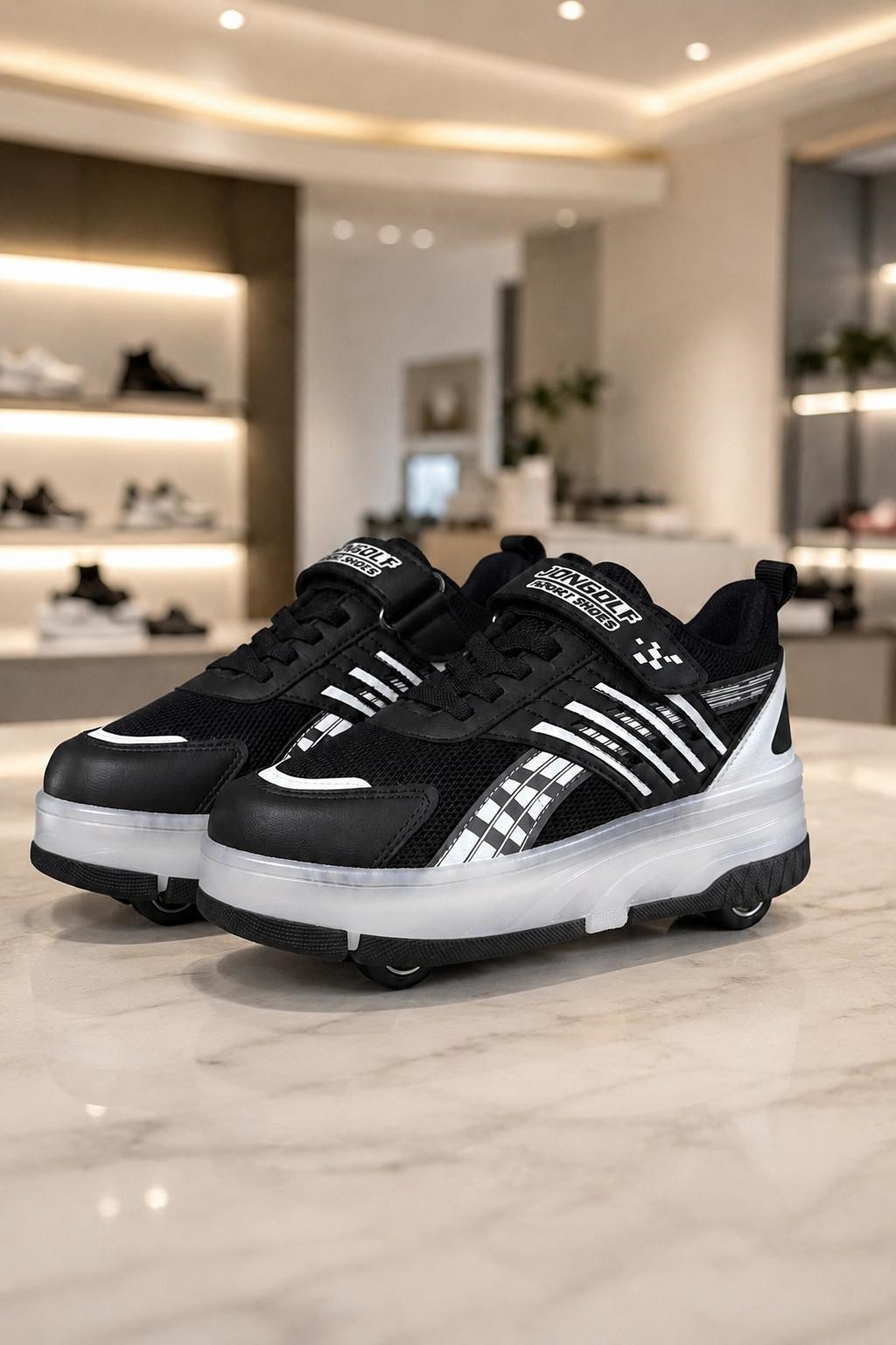 Erkek Çocuk Işıklı Tekerlekli Paten Ayakkabı -Siyah Desenli Spor Ayakkabı 5