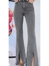 Gri Yüksek Bel Yırtmaçlı Kadın İspanyol Paça Jean Pantolon 5