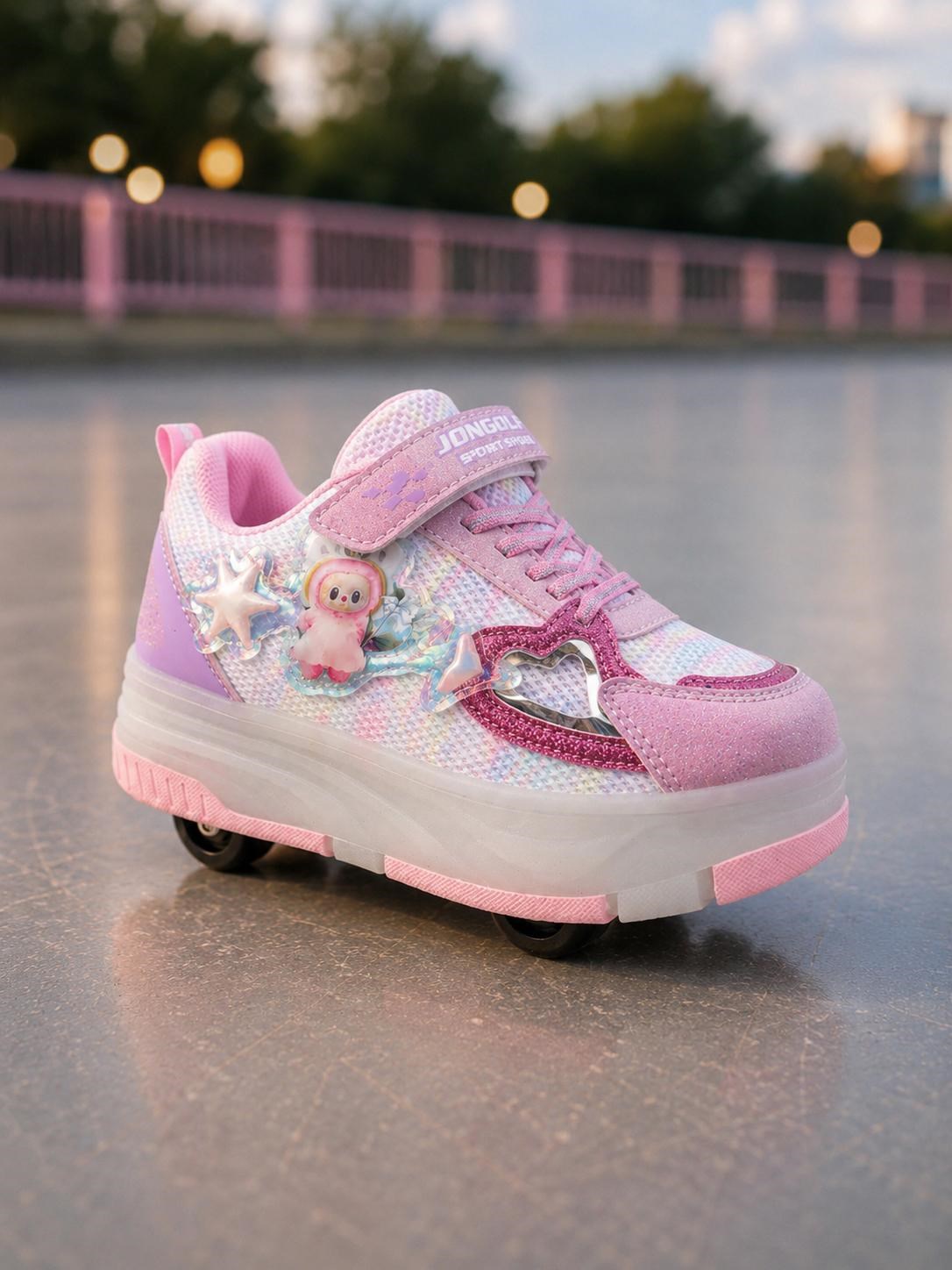Kız Çocuk Işıklı Tekerlekli Paten Ayakkabı - Pembe Desenli Spor Ayakkabı 7