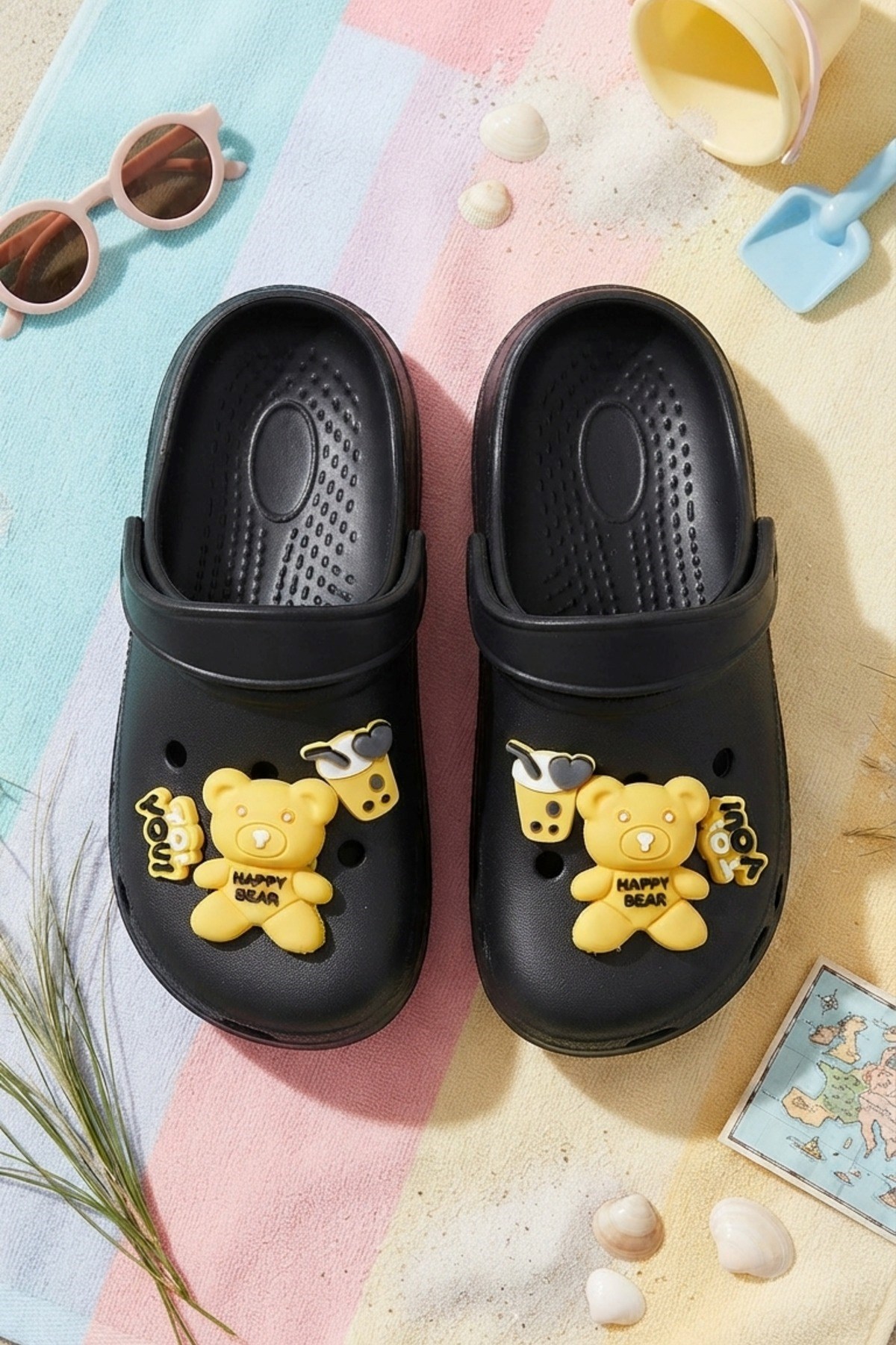 Siyah Sarı Ayıcıklı Kreş Sahil Plaj Havuz Terliği Unisex Çocuk Terlik & Sandalet 8