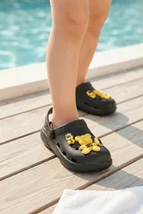Siyah Sarı Ayıcıklı Kreş Sahil Plaj Havuz Terliği Unisex Çocuk Terlik & Sandalet